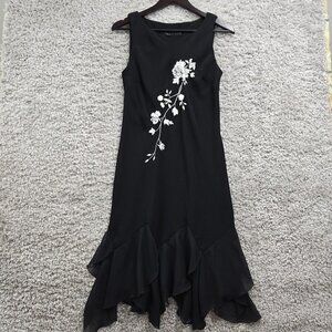 SL Fashions Womens 6 Embroidered Midi Dress Black Ruffle Hem Elegant Whimsical
